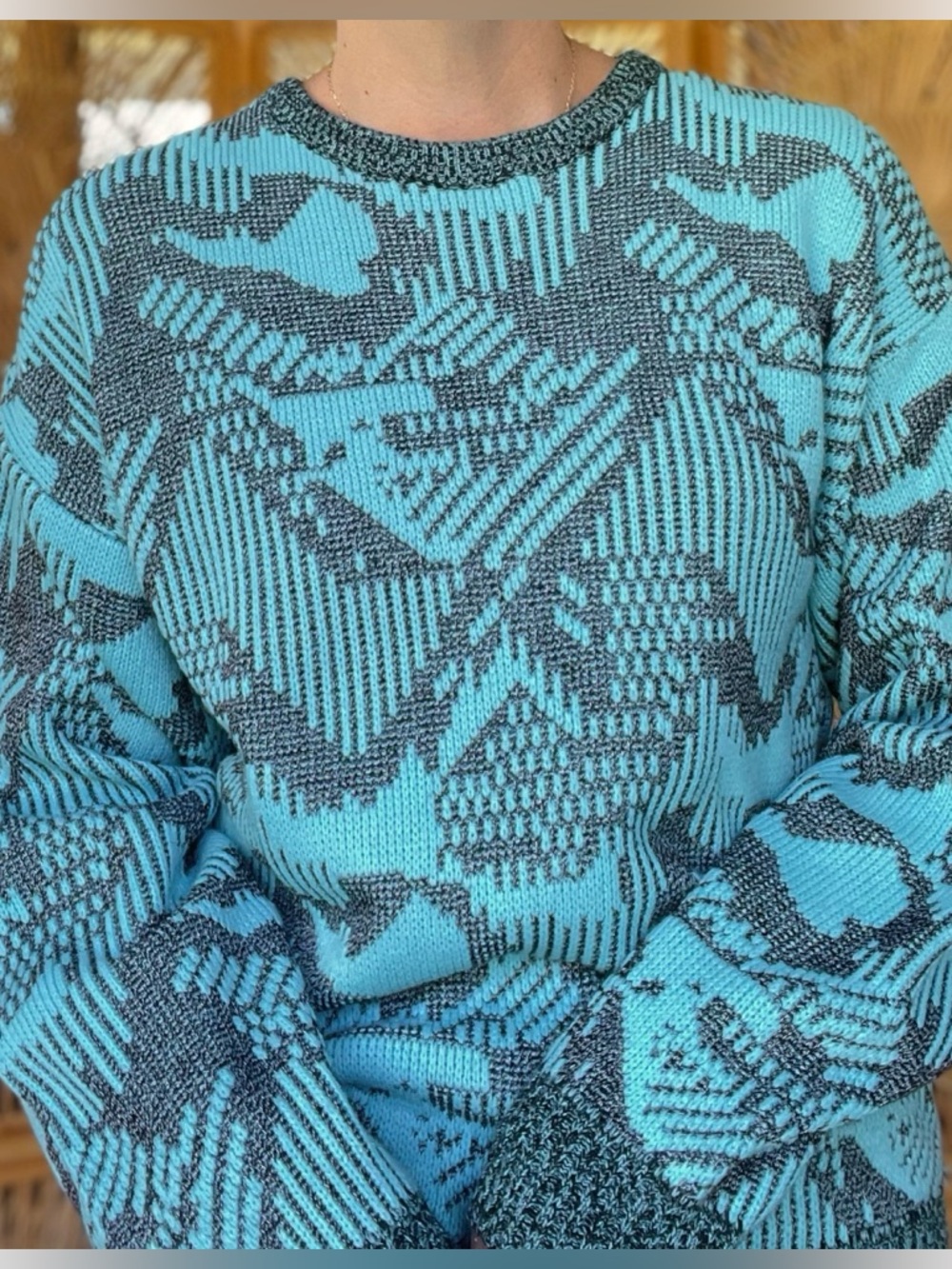 Vintage Sweater Light Blue Gray Patterned Abstract Geometric Crewneck Sweater S